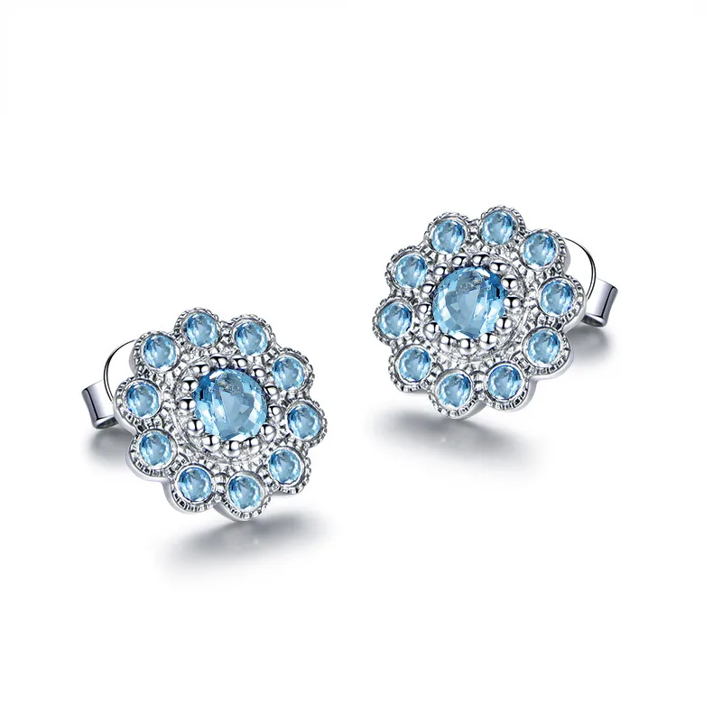 AINUOSHI Природный Голубой топаз серьги-гвоздики 1.5ct драгоценные камни отжимание назад серебряные серьги сверкающие цветок серьги-гвоздики подарок для женщин ювелирные изделия