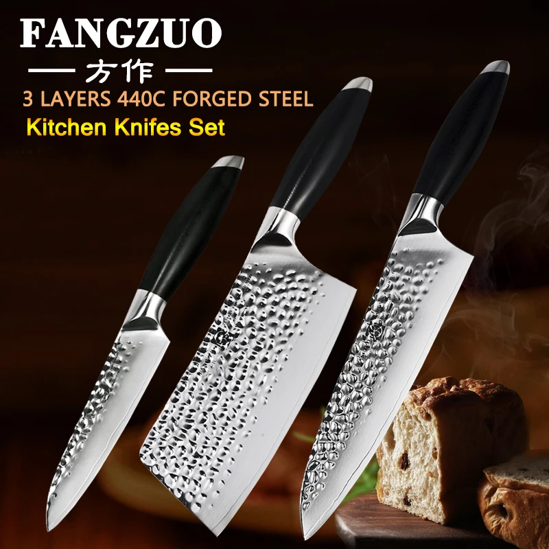 

FANGZUO Stainless Steel Knife 440C forged G10 Handle Cooking Tools 8" Chef 5" Utility 7" Cleaver Knife Kitchen Knives Set