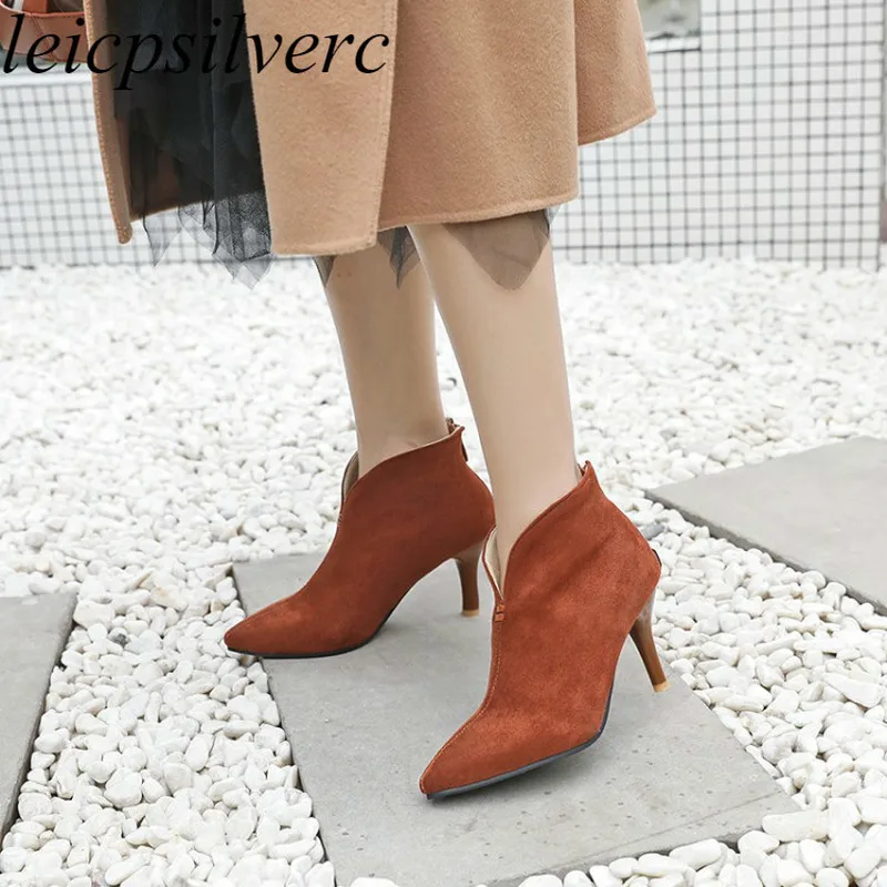

Women Boots Autumn Winter High Heel Warm Flock Ankle Zip Chelsea Motorcycle Shoes 2018 Sexy New Fashion Casual Black Brown Green