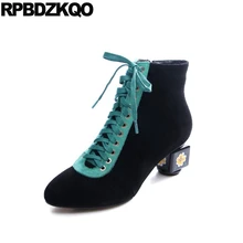 Больших размеров Ботинки лодыжки для женщин средней пятки цветок осенняя зашнуровать Цветок напечатан 10 цветочный принт замша батильоны черный дизайнер странный марка обувь Настоящая кожа женская женский мода
