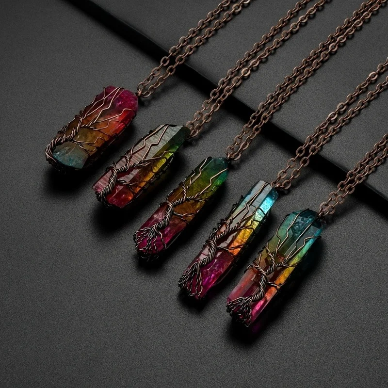 

7 Chakra Natural Stone Crystal Tree of Life Necklace Handmade Vintage Rainbow Antique Copper Wire Wrapped Pendant Necklace