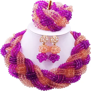 

Nice Quality Purple Peach Nigerian Engagement Crystal Beads Necklace Sets for Women 12C-BZ-27