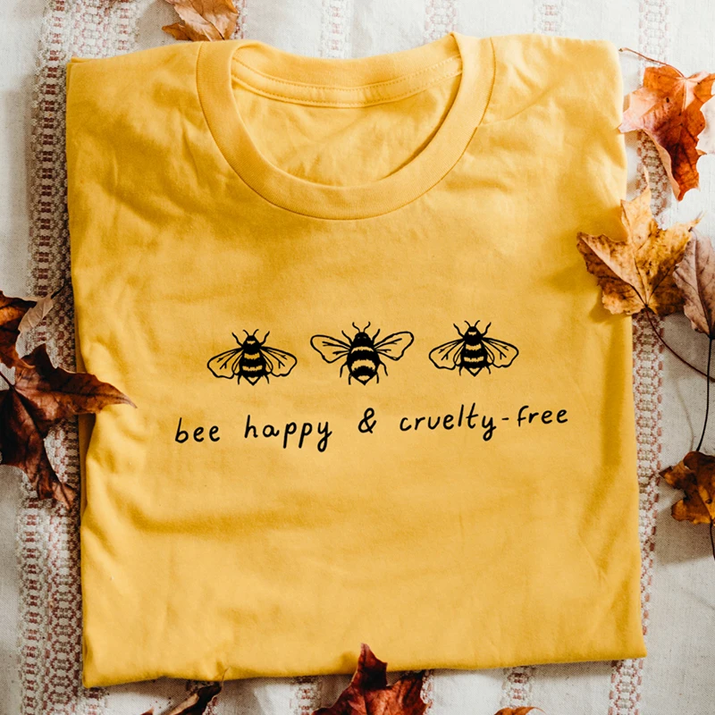 

Bee Happy & Cruelty Free Print T Shirt Women Save The Bees Graphic Tee Cotton Short Sleeve Tops Bee Kind T-shirt Causal Tshirt