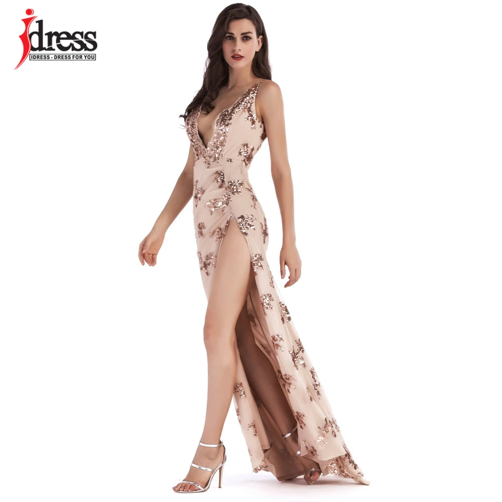 IDress Sexy Evening Luxury Party Club Elegant Sequins Dress 2018 Wedding Vestidos De Festa Womens Gold Sequined Long Maxi Dress (3)