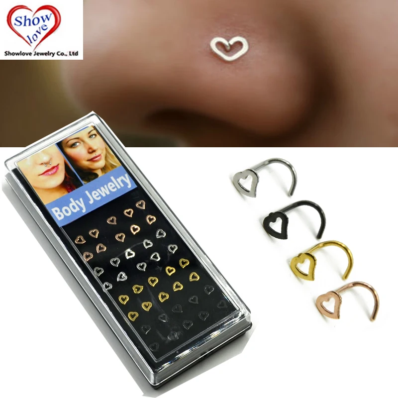 

Showlove-40pcs хирургическая сталь полые сердце форма нос винт кольца шпильки для пирсинга ювелирные изделия тела