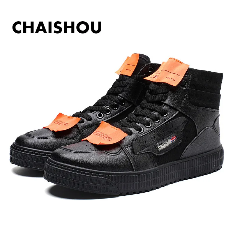 

CHAISHOU man shoes spring and autumn PU high help lace-up black white street fashion flat casual shoes CS-60