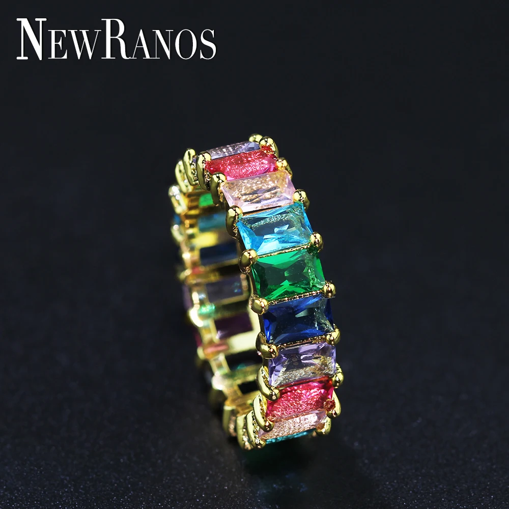 

Newranos Rainbow baguette cubic zirconia ring Gold Filled Rings Multi Color Geometric Ring for Women Fashion Jewelry RYL001282