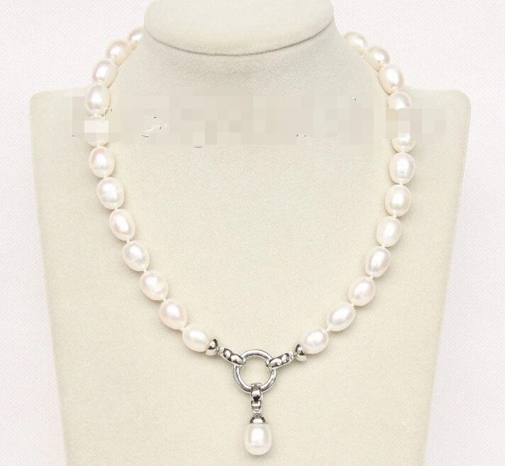 

shipping 17" 13mm rice white pearls necklace pendant Platinum Plated clasp j9833