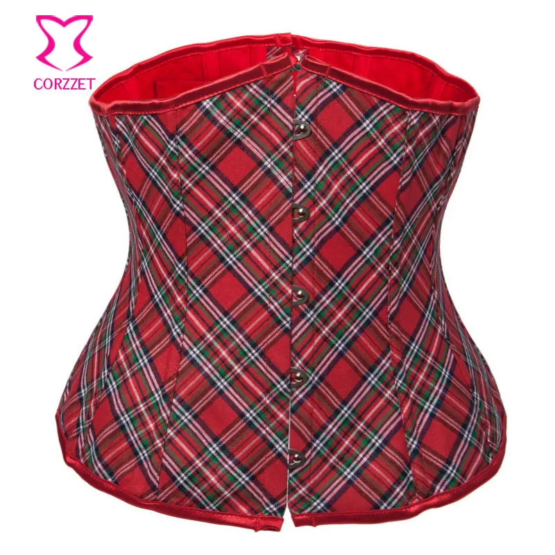 Schoolgirl Red Plaid Bustier Top Underbust Corset With Lacing Ribbon