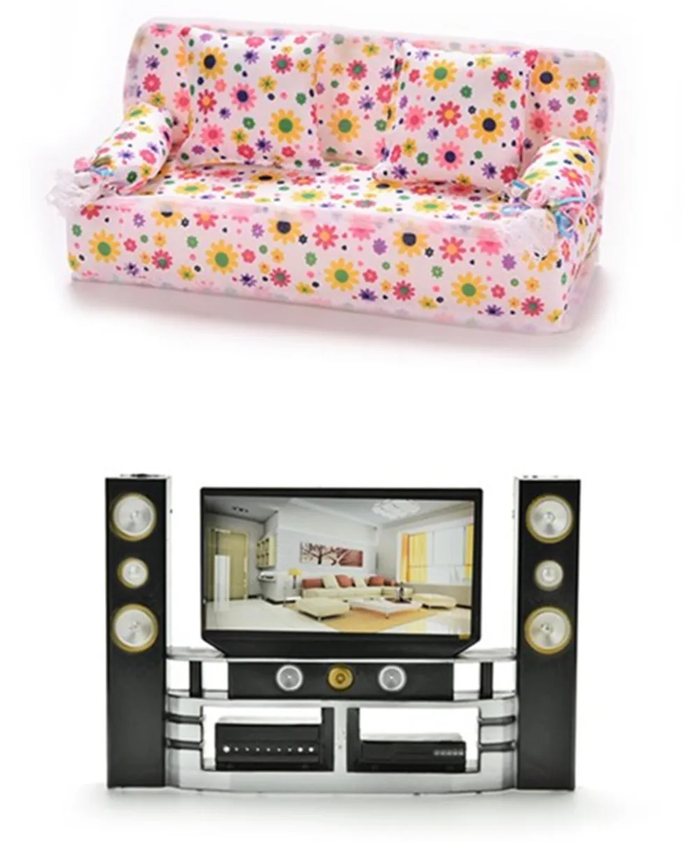 1:6 HI-FI meuble TV lecteur Audio/canapé canapé + 2 coussins pour poupées accessoires maison de poupée Miniature salon meubles