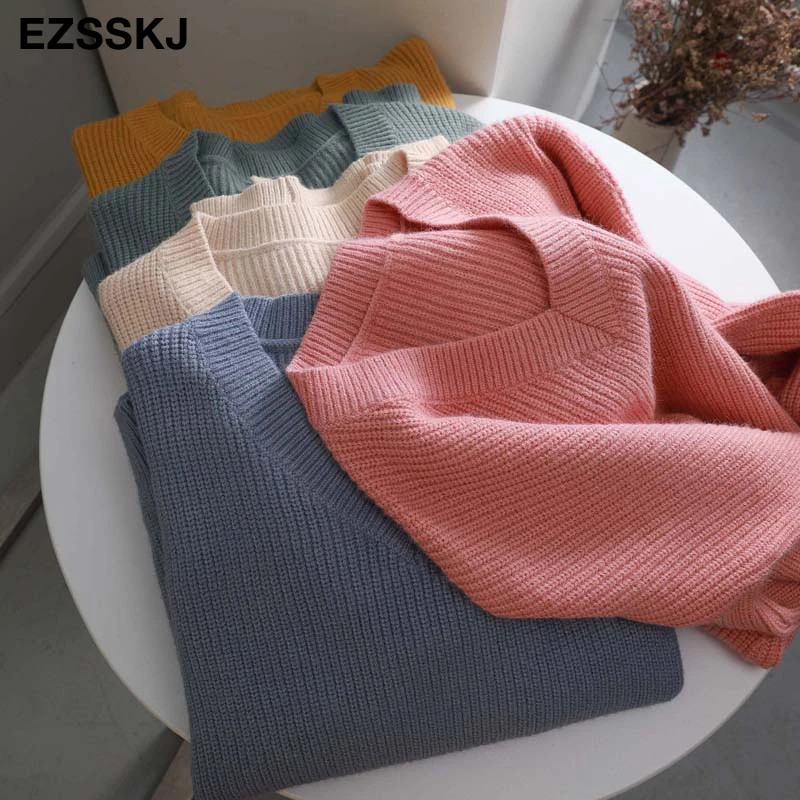 Свободный свитер с v-образным вырезом в Корейском стиле на осень и зиму, толстый шерстяной свитер, пуловер, большой свитер для женщин, женский кашемировый топ