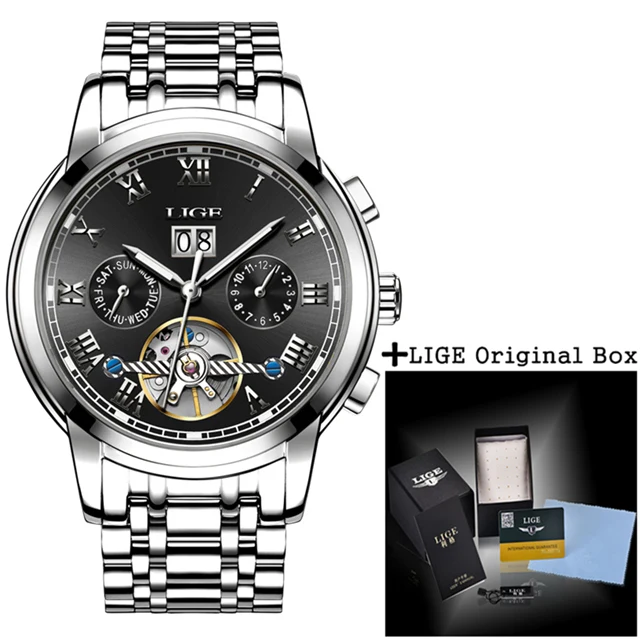 Роскошный бренд LIGE автоматические механические часы мужские модные золотые полностью стальные спортивные водонепроницаемые деловые часы Relogio Masculino - Цвет: Silver Black