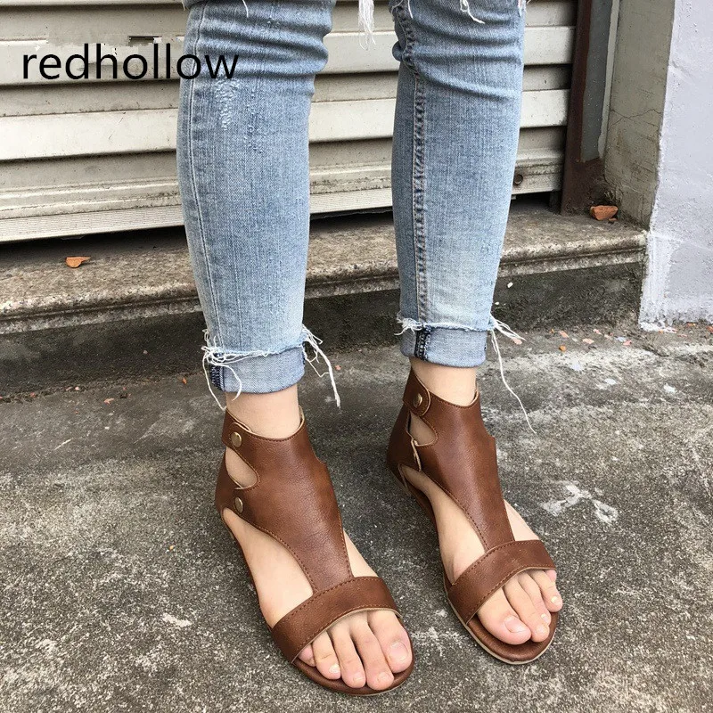 

Fashion Womens Summer Sandals Flat Ankle Strap Casual Shoes Back Zipper Sandals Vintage Footwear Rome Style Plus Size 35-43