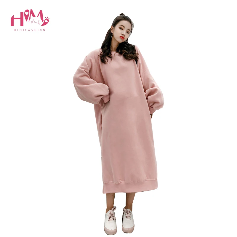 

2018 Spring Women New Style Solid Oversized Long Dress O-Neck Batwing Sleeve Casual Loose Dress Women Gray Hooded Dress Clothes