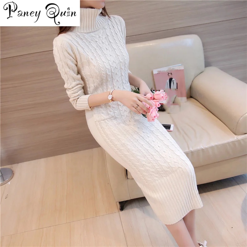  Women Winter Knit Dress Europe FALL Long Sleeve Turtleneck Casual Slim Warm Maxi Sweater Dress Plus