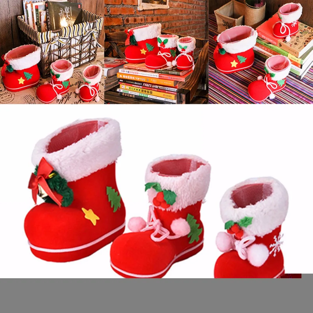 S/M/L Red Christmas Flocking Boots Socks Candy Box Christmas Tree Decoration Home Ornaments Laser Package Supplies