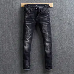 Винтаж дизайнерские мужские джинсы черный цвет белый мыть Эластичные Обтягивающие джинсы сращены эластичные брюки-стрейч уличная хип хоп