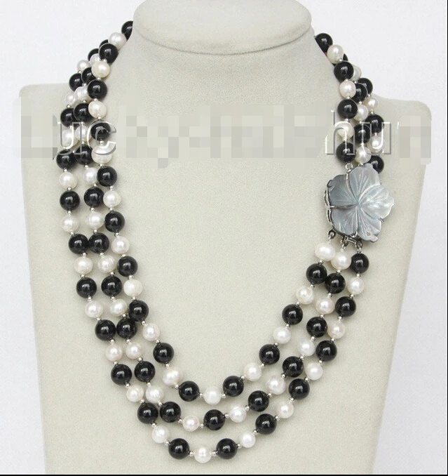 

shipping 17" 8mm 3row round white freshwater pearls black agate necklace j10324
