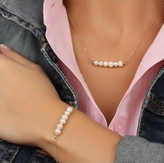 

(Necklace + bracelet) Simple fashion Simple single row imitate pearl one word bracelet pearl jewelry accessories women's set