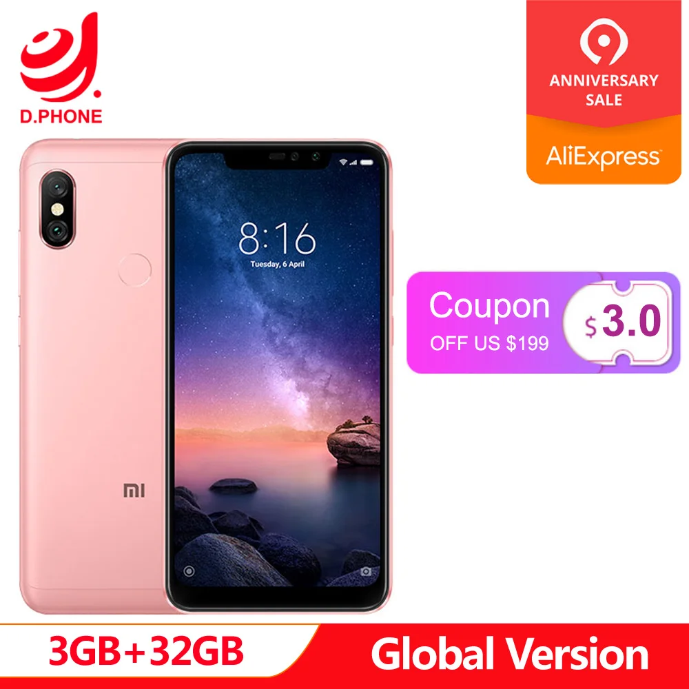 

Global Version Xiaomi Redmi Note 6 Pro Snapdragon 636 3GB RAM 32GB ROM 6.26" Notch Full Screen Dual Camera 4000mAh Cellphone