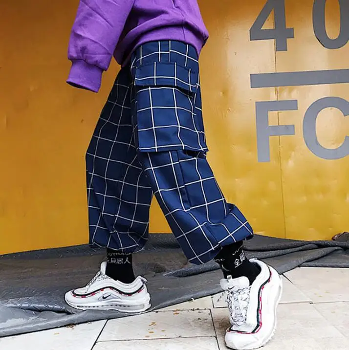 

personality fashion pants mens feet trousers pantalones hombre cargo Plaid large pocket loose harem pants for men pantalon homme