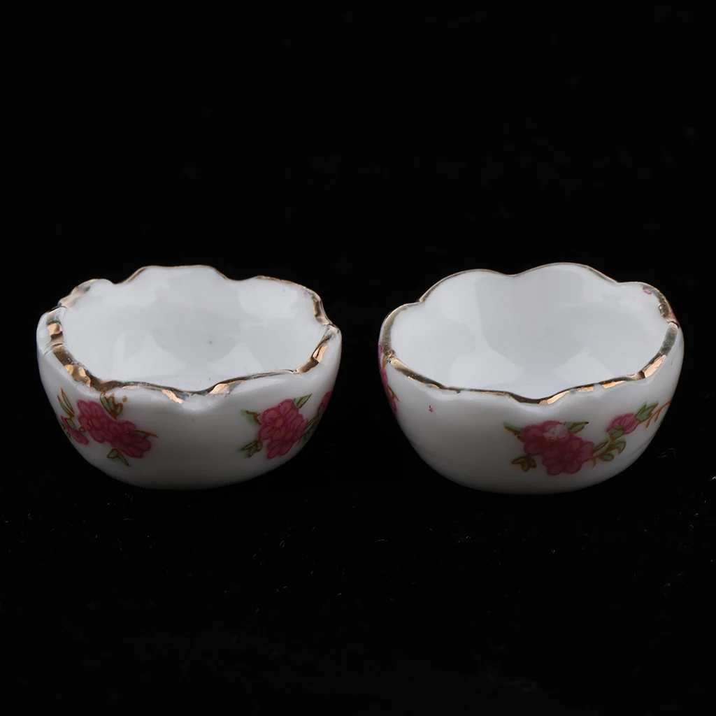 2Pcs 1/12 Doll House Miniature Vintage Style Ceramic Bowls Set Kitchen Accessories White