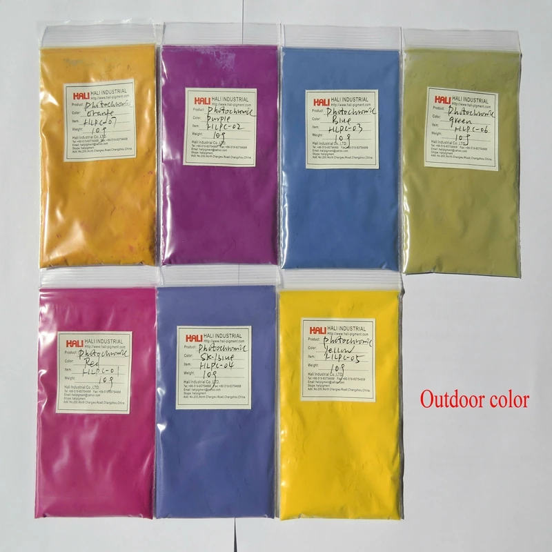 

sunlight active pigment, sunlight sensitive pigment,color change by sunlight or UV light,color:blue,yellow..,1lot=200gram,etc...
