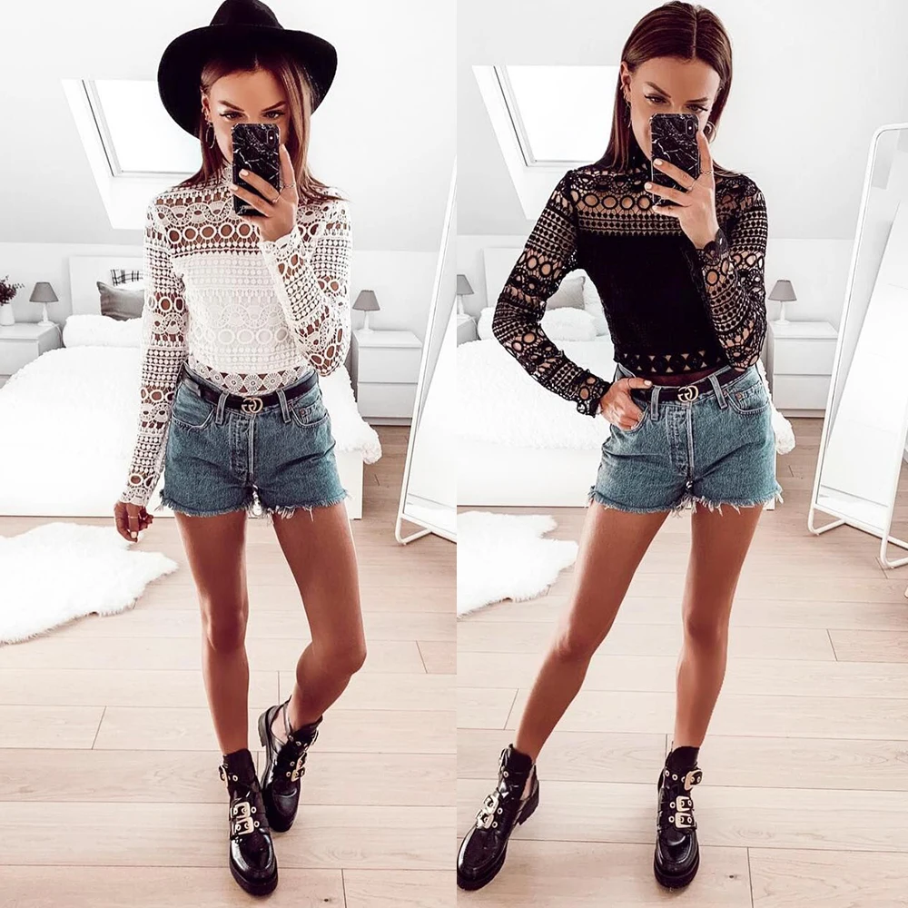 

New Vintage hollow out lace blouse women elegant long sleeve white&black tops summer chic party sexy shirts