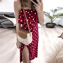 Summer Slit Dress Women Casual Sundress Off Shoulder Ruffle Boho Sexy Dress Midi Starp Split Polka Dot Print Beach Dress Red burgundy off the shoulder slit midi dress
