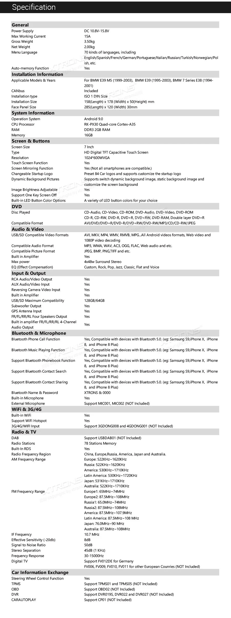 Top 7" Quad-Core 1.5GHz CPU Android 9.0 Pie OS Car DVD Multimedia GPS Radio for BMW E39 M5 1999-2003 & E39 1995-2003 & E38 1994-2001 29