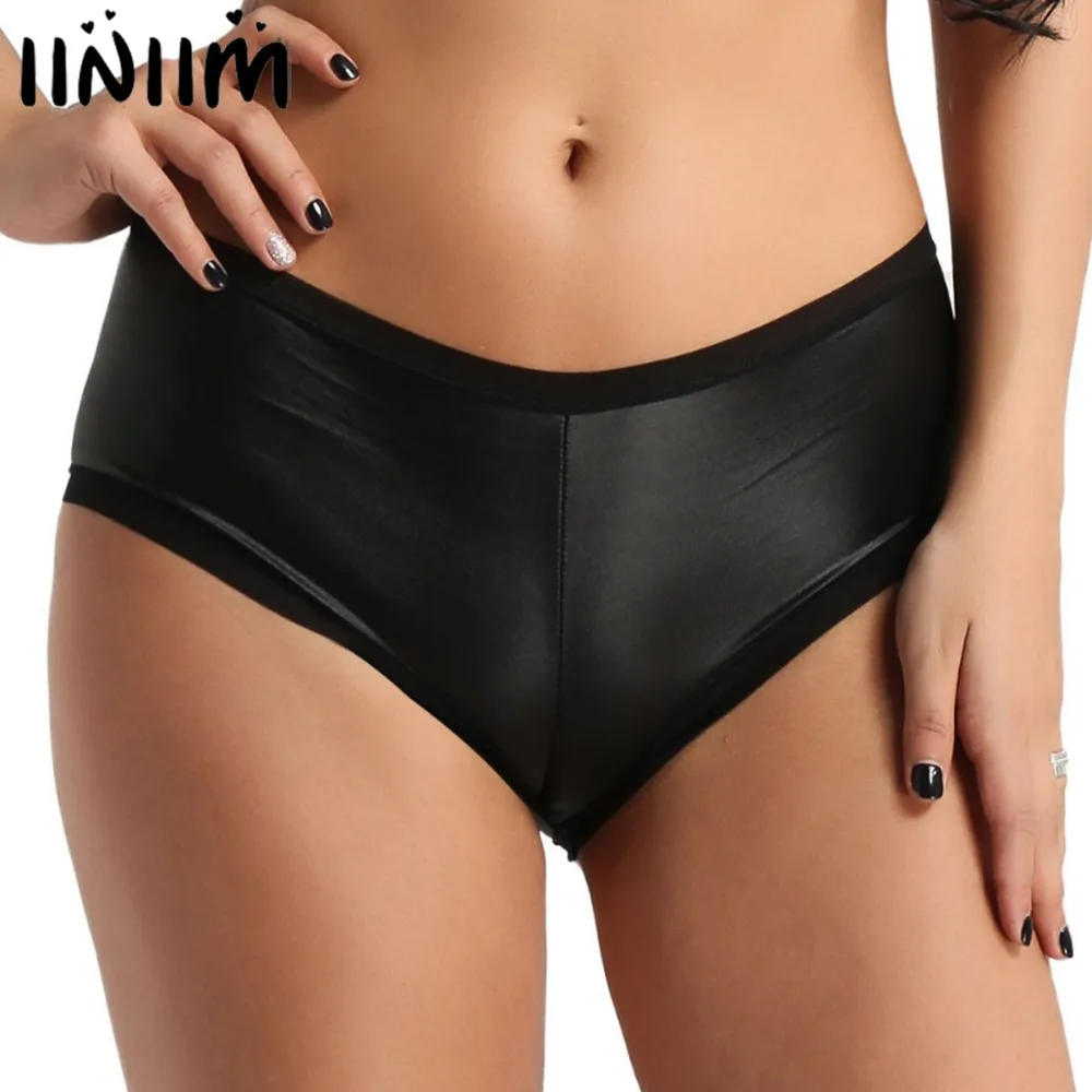 

iiniim Womens Lingerie Intimates Sexy Panties Wet Look Faux Leather Back Ruffled Stretchy Bikini Briefs Underwear Underpants