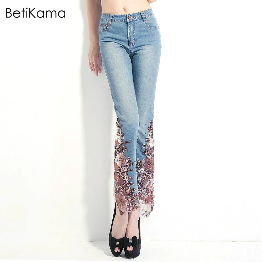 

Thin Fabric Lace Jeans Women for Elastic Flare Denim Pants Embroidered With Flower Pattern High Waist Plus Size 5xxl Jeans Femme