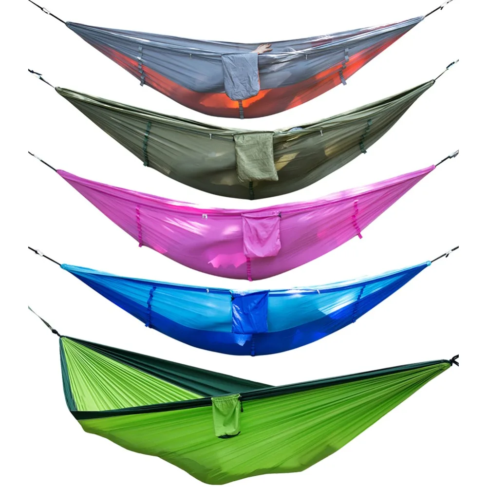 Tragbare Outdoor Hängematte Hängen Bett Nylon Stoff Schlafen Bett + Moskito Net Taktische Große Last Reisen Camping Hängematte Preise