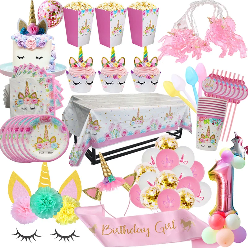 

WEIGAO Unicorn Birthday Decor Unicorn Party Disposable Tableware Kits Rainbow Flower Unicornio Anniversary Gift Party Decoration