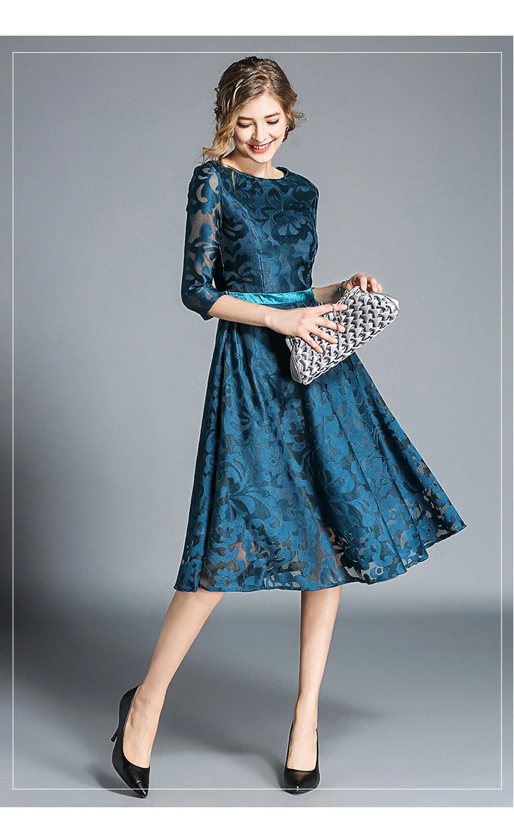 Осеннее женское голубое кружевное платье средней длины vestidos mujer Robe Femme женские вечерние офисные платья Roupas Feminina K8131