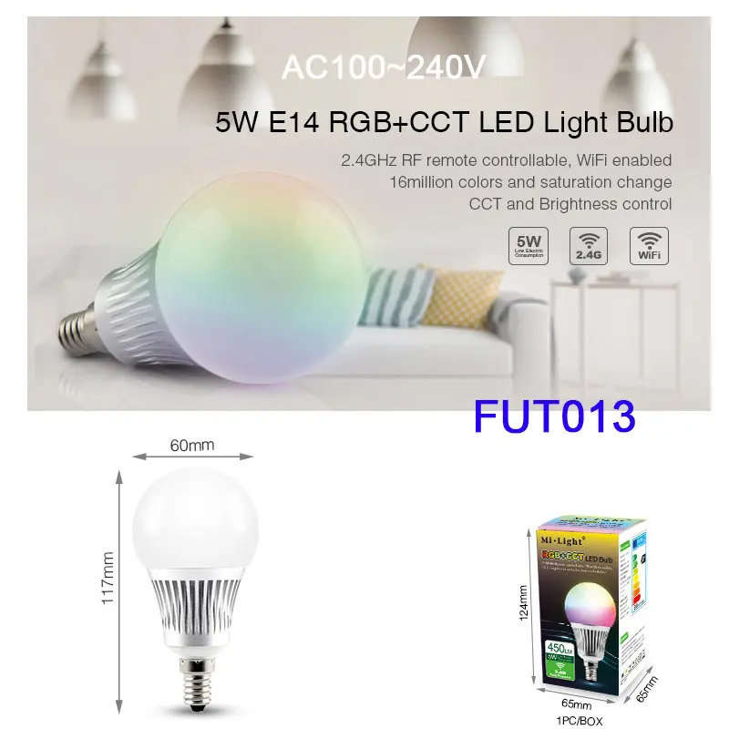 Miboxer FUT013/FUT014/FUT012/FUT105 5 Вт 6 Вт 9 Вт 12 Вт E14 E27 Smart RGB CCT светодиодный светильник Blub лампа FUT092/FUT089/T4/B8 2,4 г пульт дистанционного управления - Испускаемый цвет: FUT013   5W  E14