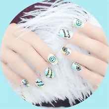 24 pièces mignon enfants Faux ongles couverture complète court vert Avec Scrawl Nep Nagels Faux Ongle Avec Colle acrylique ongles conseils Avec Colle 2017