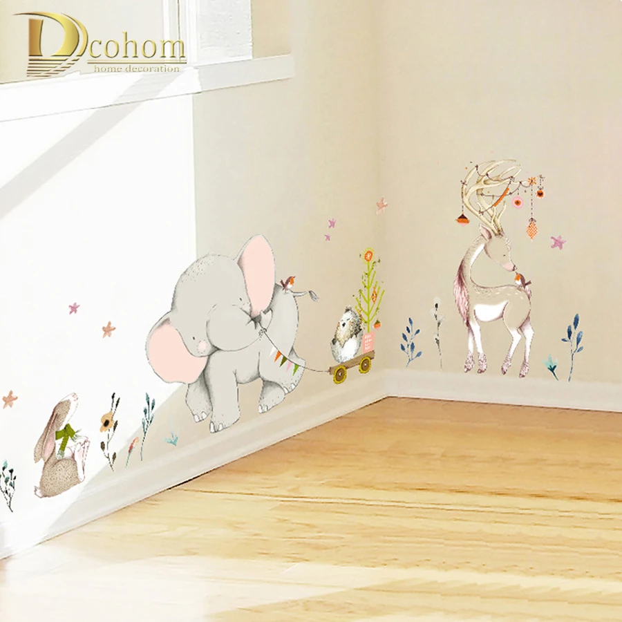 Cartoon Forest Flowe Elephant Rabbit Giraffe Animal Wall ...