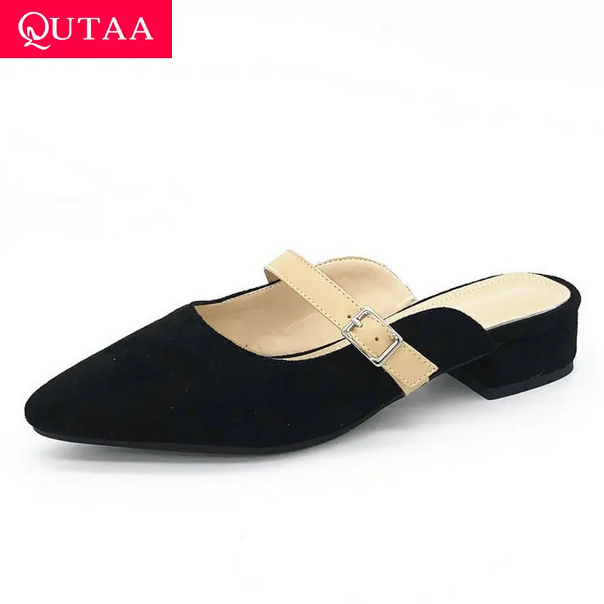 

QUTAA 2019 Women Sandals Flock Popular Pointed Toe Square Low Heel Buckle Slip on Slingback Antiskid Ladies Shoes Size 34-43