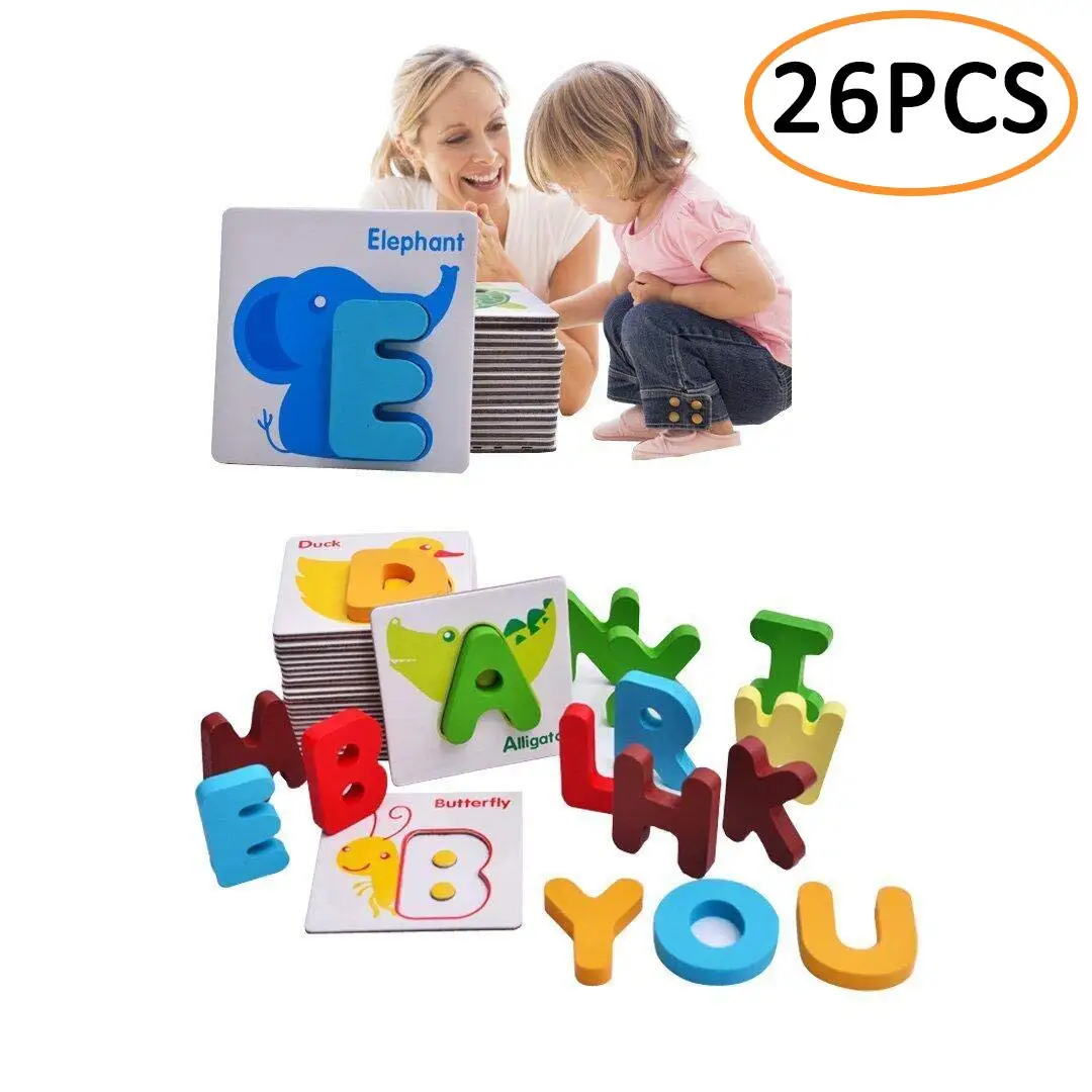26Pcs Wooden Alphabet Animal Flash Cards Early Learning Toy For Kids Toddler 