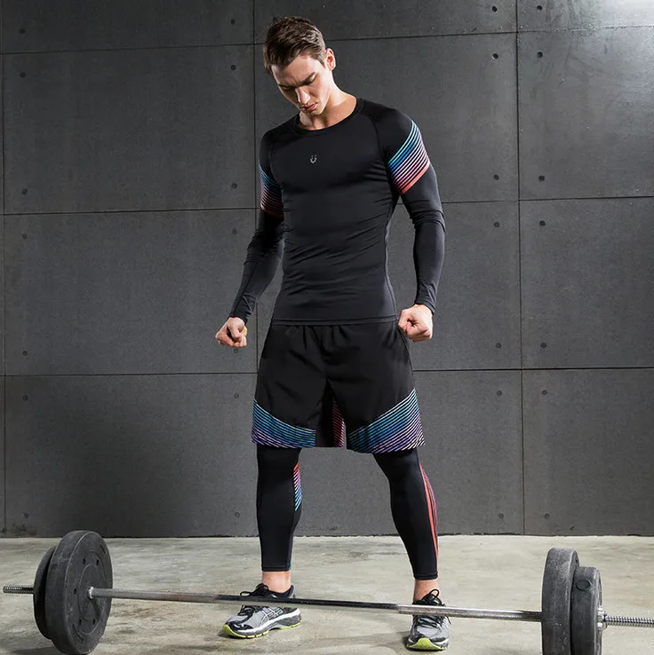 

3 Piece Set Men's Sports Running Stretch Tights Leggings+shirts+shorts Training Pants Jogging Fitness Gym Compression Suits