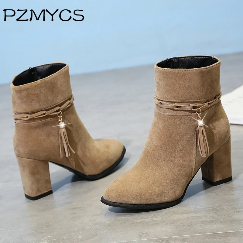 PZMYCS Women Kid Suede Short Boots Thick Heel High Gray Black Ladies