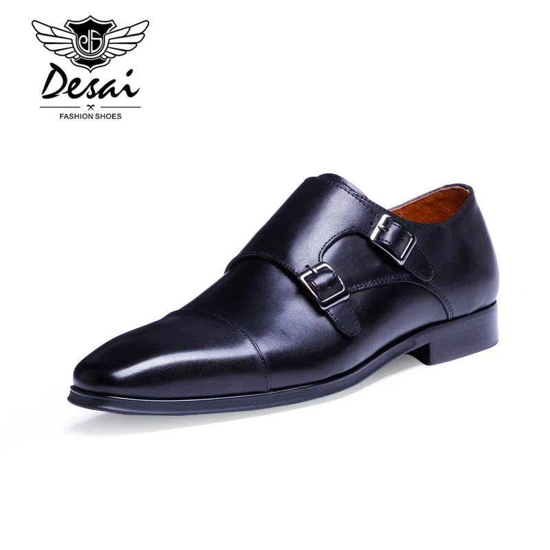 DESAI/Роскошные Брендовые мужские туфли-оксфорды из натуральной кожи; Мужские модельные туфли с острым носком и двойной пряжкой; мужские свадебные туфли - Цвет: Black