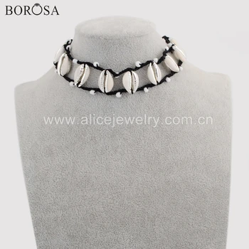 

BOROSA 2PCS Handcrafted Silver Color Eleven Natural Cowrie Shell Beads Adjustable Black Rope Choker Necklace Jewelry HD0018