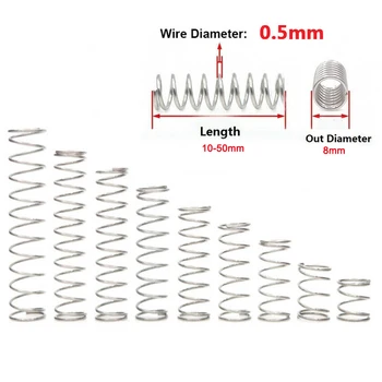 

10Pcs Compression Spring 304 Stainless Steel Non-corrosive Tension Spring Wire Dia 0.5mm Outer Dia 8mm Length 10-50mm