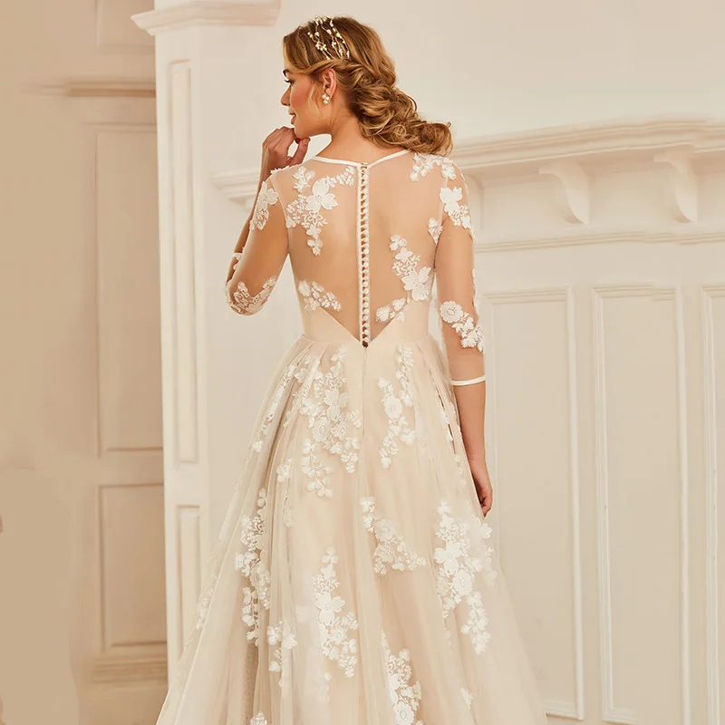 Элегантное свадебное платье Dressv женское с круглым вырезом рукавами 3/4 кружевной