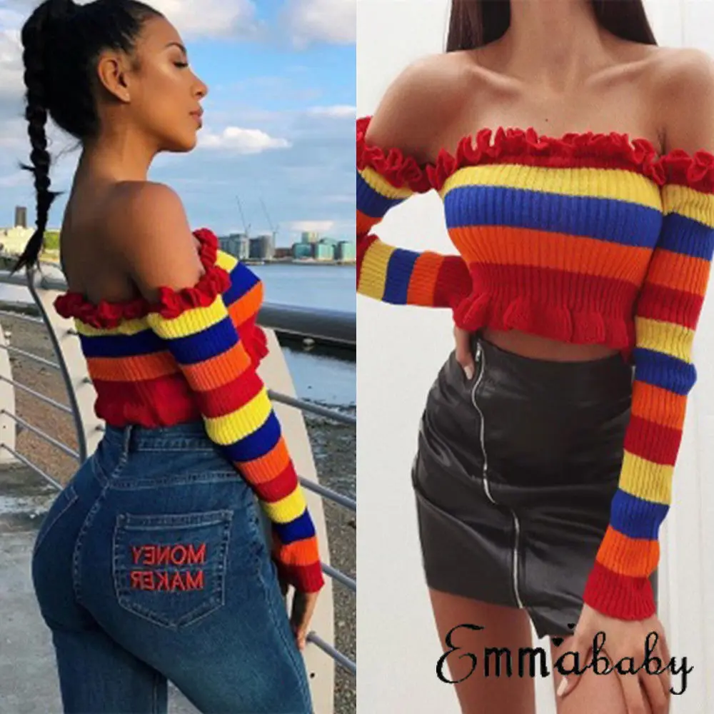 

Hirigin Brand RainBow Hot Sale Women Off Shoulder Sexy Elastic T Shirt Lace Up Long Sleeve T Shirts Short Bandage Crop Top