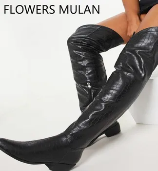 

Luxury Black White Embossing Plaid Leather Upper Thigh High Boots Women Round Toe Chunky Heel Zapatos De Mujer Side Zipper Botas