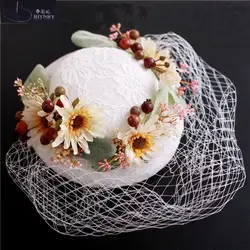 Новое поступление красивый цветок Свадебные шляпы Тюль Кружево Свадебная шляпка вечерние Для женщин Винтаж головной убор