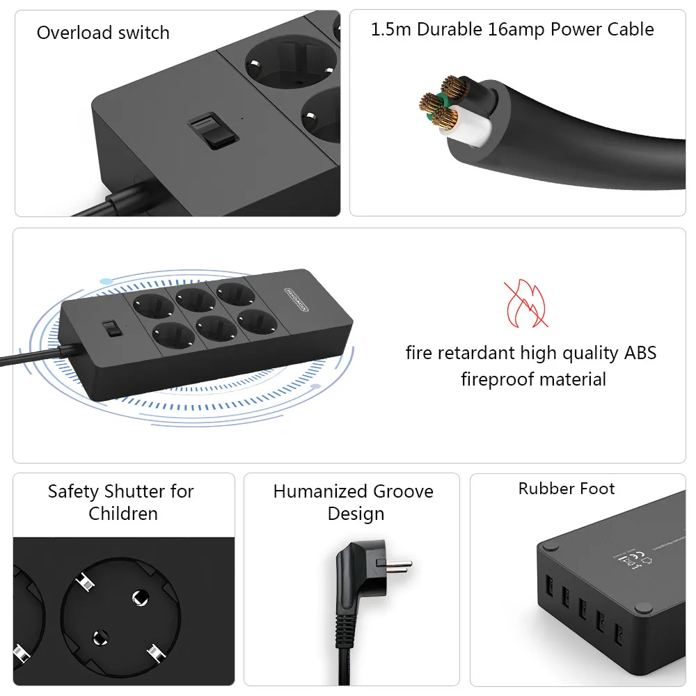 NTONPOWER Network Filter Smart Power Strip Multi Plug 5 USB Socket Surge Protector-1.5m Power Cord Wall Charger Adapter for Hom